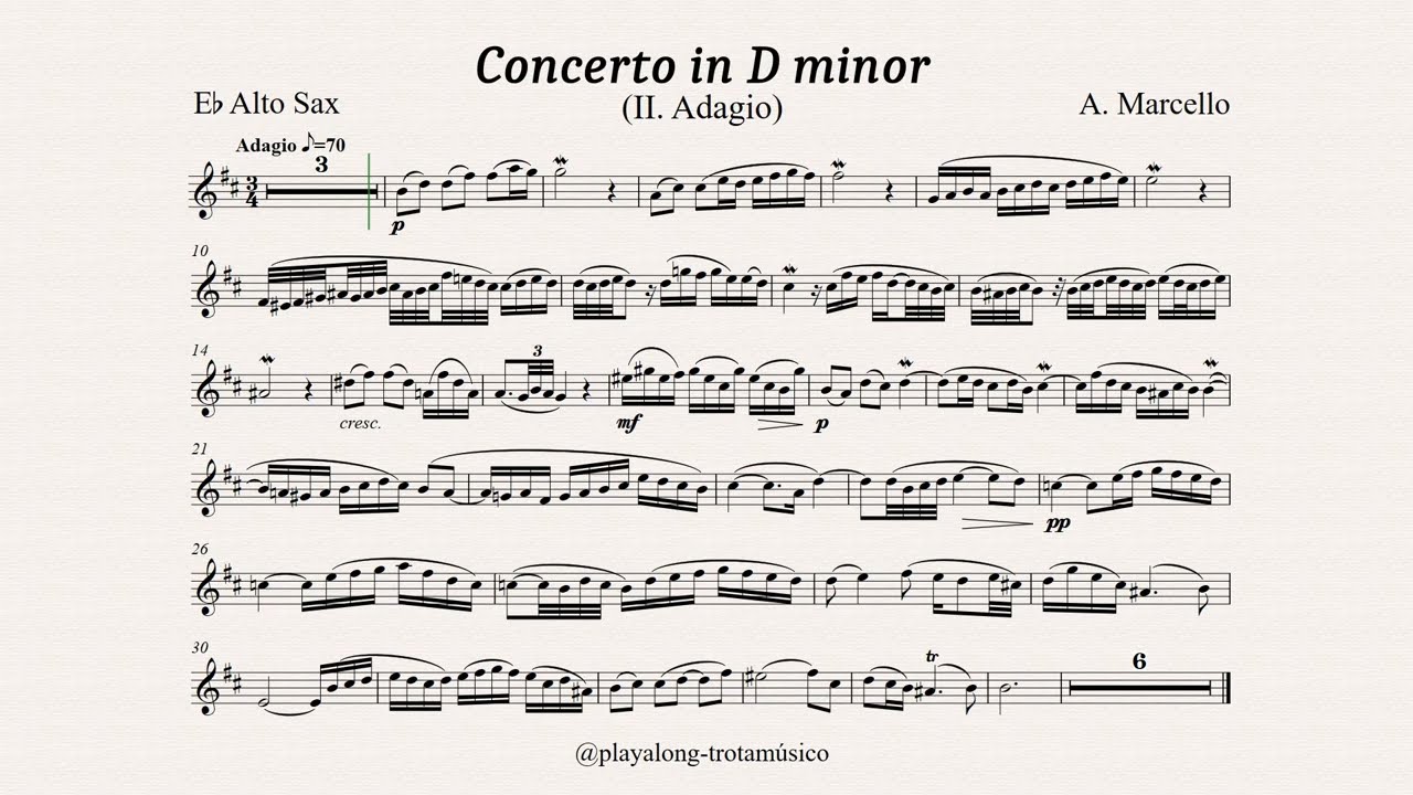 Marcello - Concerto in D minor (II Adagio) for Alto Sax and Piano - Sheet music & Playalong