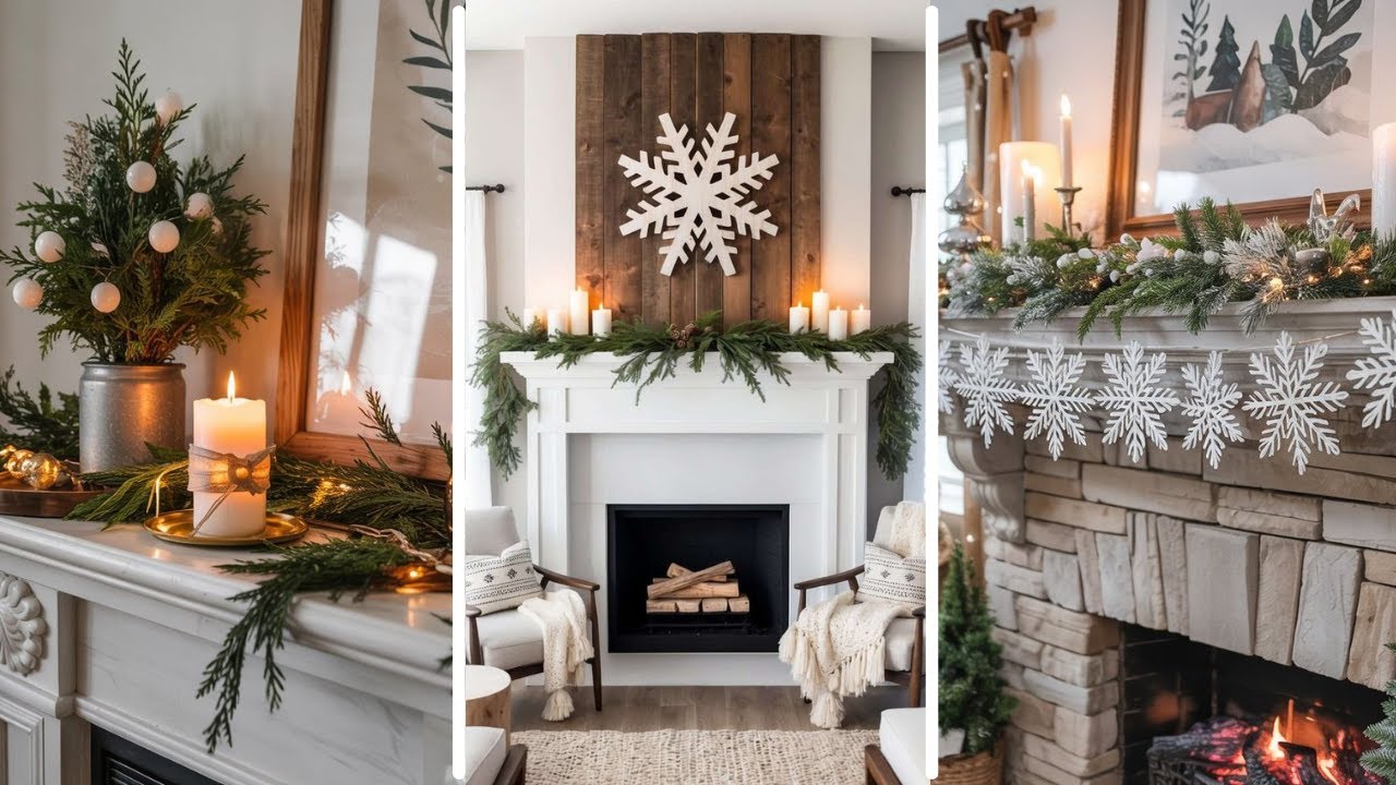 Идеи зимнего украшения каминной полки свечами и зеленью