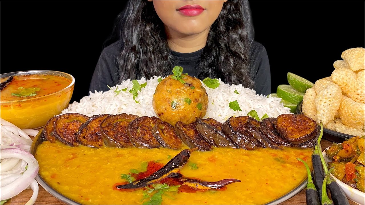 DAAL RICE BAIGAN FRY SPICY ALU BHARTA MIXED BHUJIYA | ASMR | MUKBANG | 