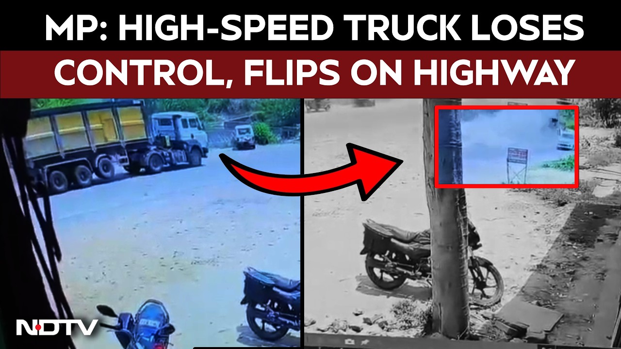 Madhya Pradesh News | Chitrakoot Horror: Speeding Truck Flips Dramatically, Bolero Narrowly Escapes