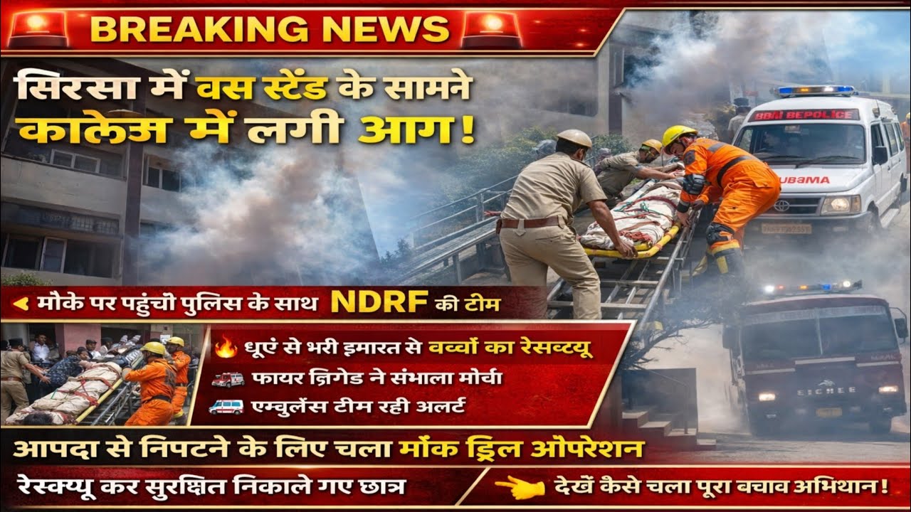 सिरसा बस स्टैंड के सामने कॉलेज मे लगी आग,बच्चो को बचाने पुलिस के साथ पहुंची NDRF टीम,देखें मोकड्रिल