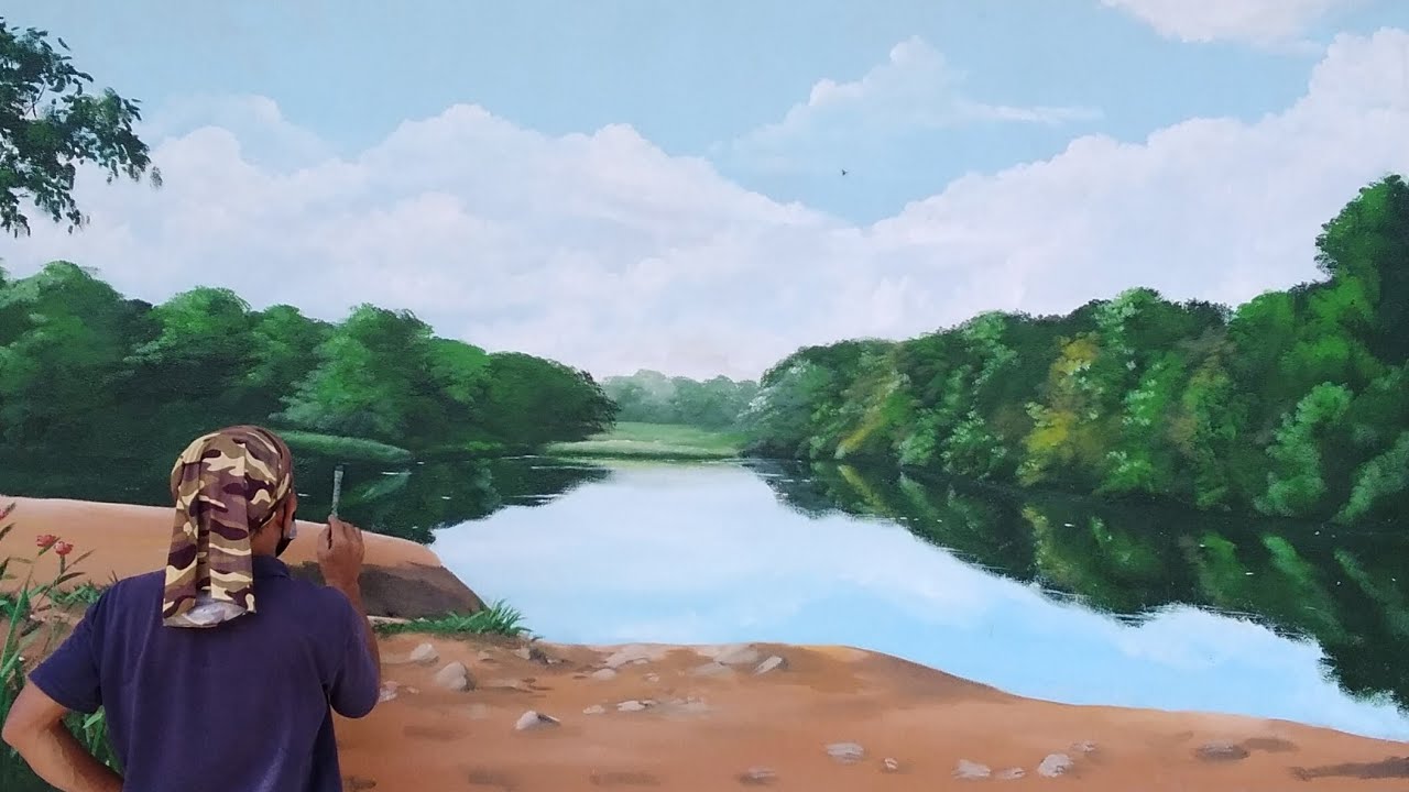 how to paint river bank on wall | mural painting | menggambarkan pemandangan tepi sungai