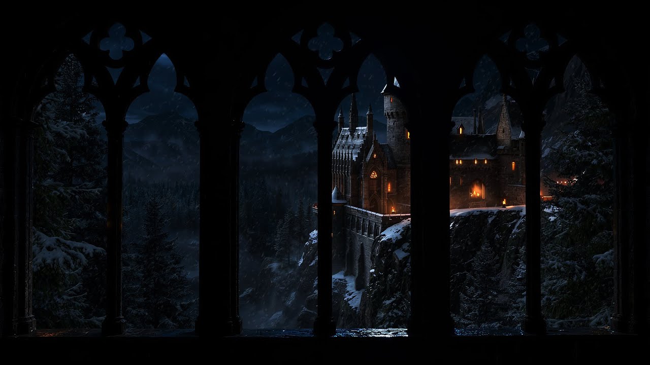 4K Harry Potter Snow Ambience – Hogwarts Winter Window, Wind & Fireplace Sound for Reading, Sleep