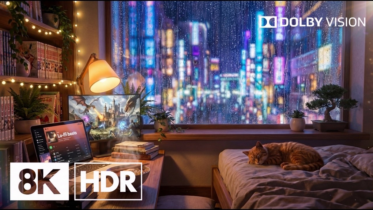 LIVESTREAM | Cozy Rainy City Bedroom 🌧️✨ | Sleeping Cat & Neon Night Ambience 8K