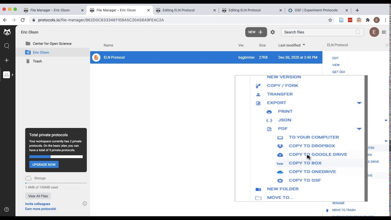 Integrating your protocols.io workspace with OSF