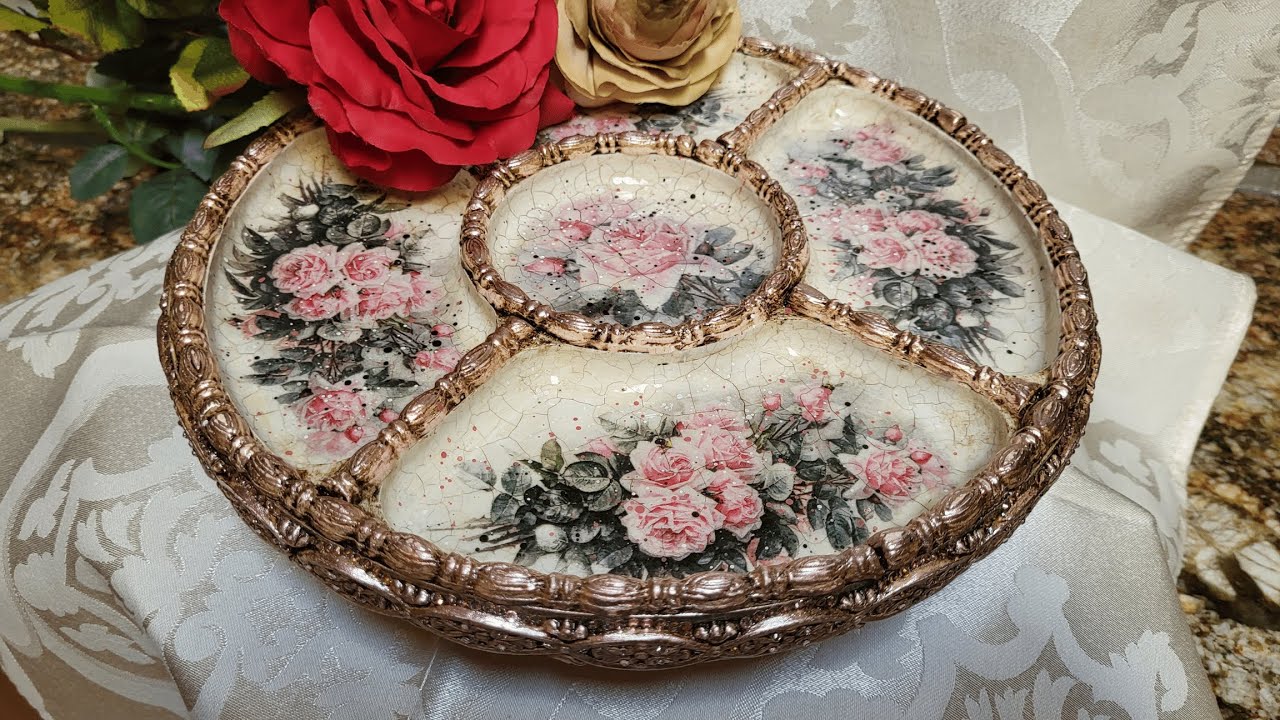 Upcycle Round Wooden Tray, Decoupage, Rhinestones, DIY