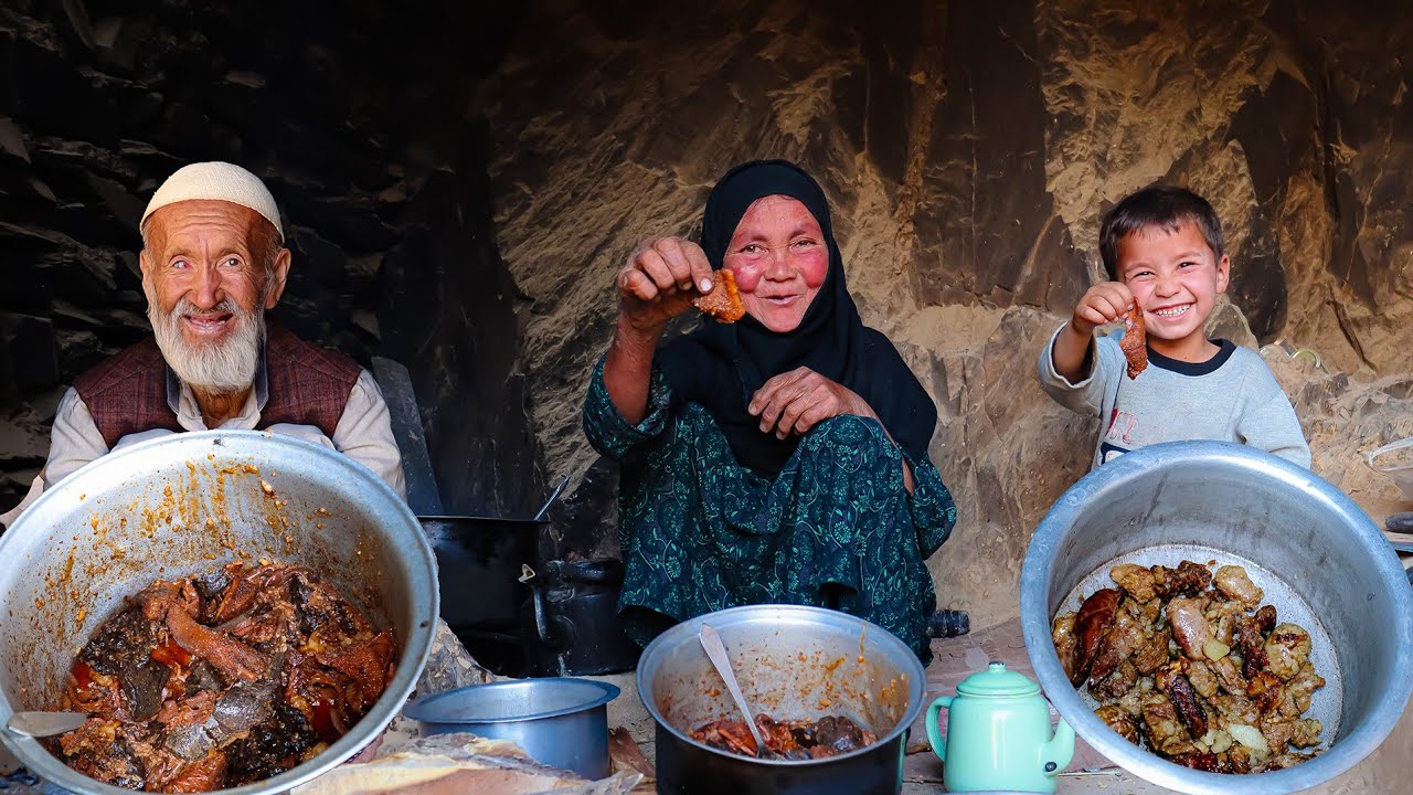 Village Life Afghanistan: Old Couple Cooking Traditional Food
