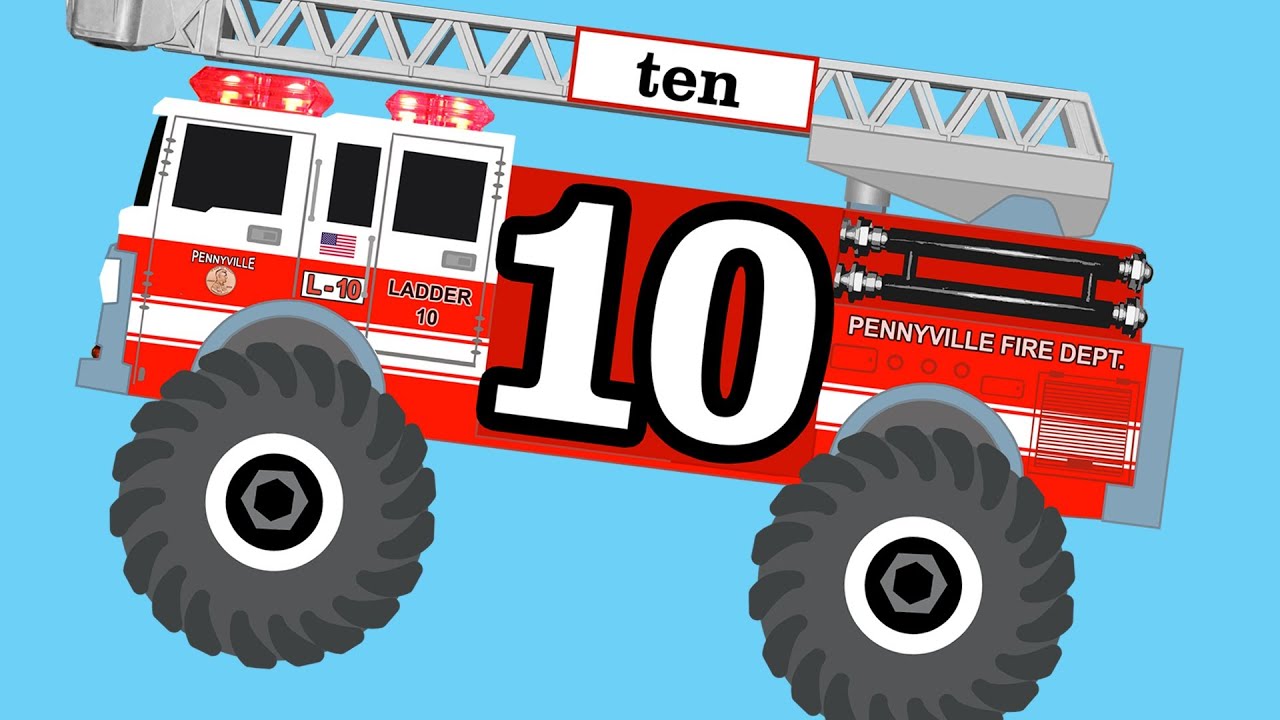 Monster Fire Trucks Teaching Numbers 1 to 10 - Learning to Count for Children