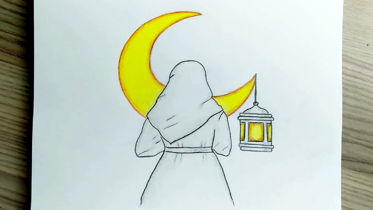 رسومات | رسم بنت محجبة من الخلف هلال رمضان و فانوس رمضان  سهل  بالرصاص للمبتدئين | رسم سهل | rsm