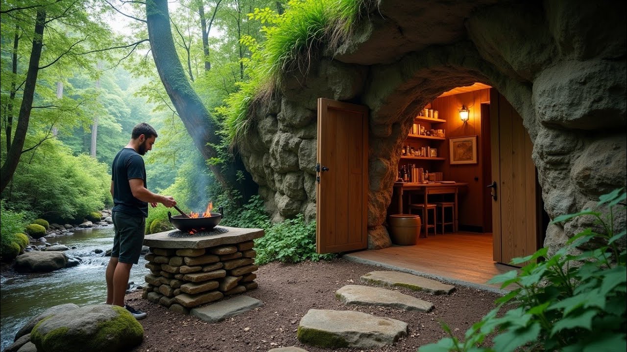 I Turned An Underground Stone Cave Into A Warm Survival Shelter With A Fireplace, Catch And Cook