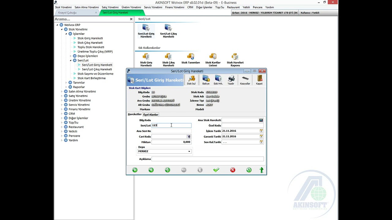 AKINSOFT Wolvox ERP -  Stok Seri / Lot  Manuel Giriş-&Ccedil;ıkış (Stok Y&ouml;netimi)