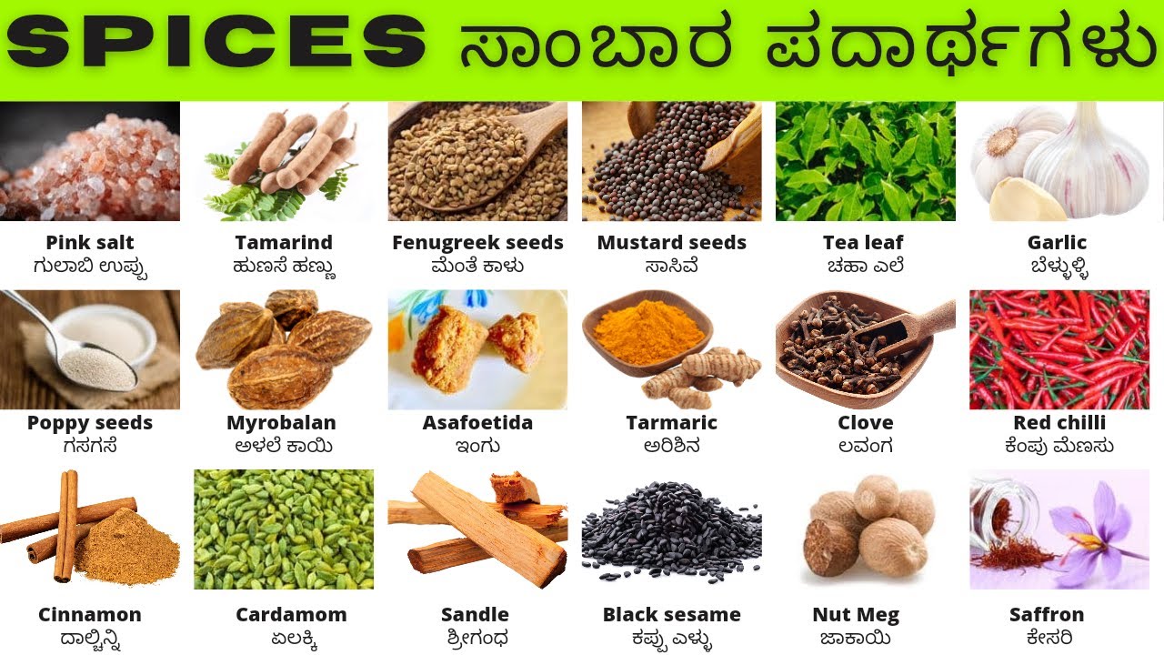 Spices ಸಾಂಬಾರ | ಪದಾರ್ಥಗಳು | Vocabulary | spoken English kannada |