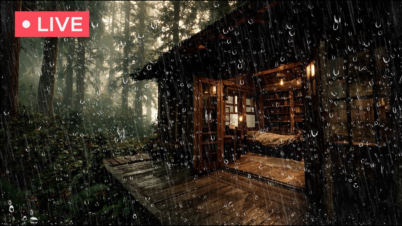 🔴LIVE | Cozy Forest Hut in Heavy Rain | Relaxing Rain Sounds for Deep Sleep