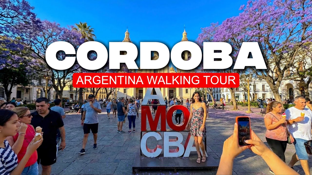 Cordoba, Argentina walking tour 4K 60 FPS. Jesuit Block, Colonial architecture & JACARANDAS