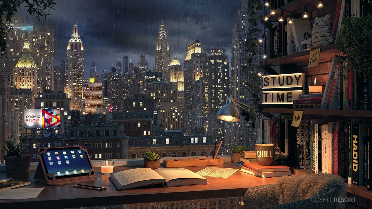 New York Manhattan view Study Room Ambience with Distant Thunderstorm Rain Sounds