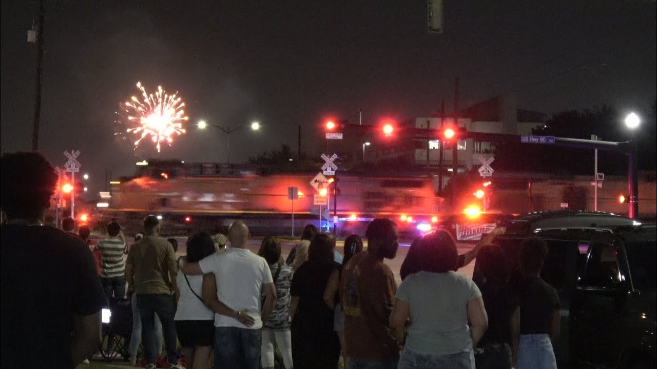 (4K) Train Passes Sugar Land, TX During 4th of July Fireworks