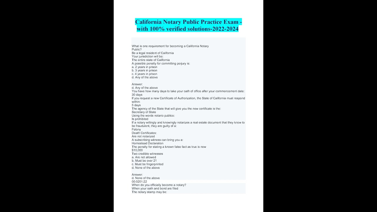 California Notary Public Practice Exam Questions With 100 Verified Solutions 2023 2024