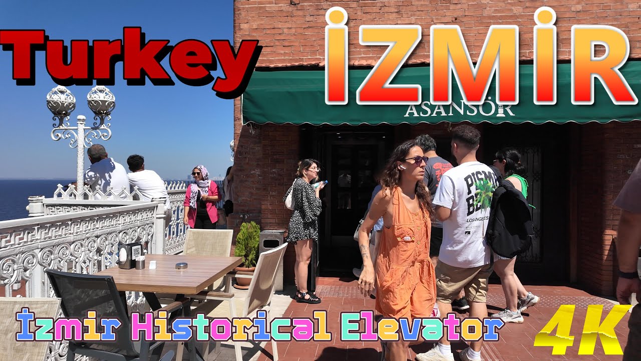 İzmir Historical Elevator Building. Walking tour on Konak Dario Moreno Street. 4K quality