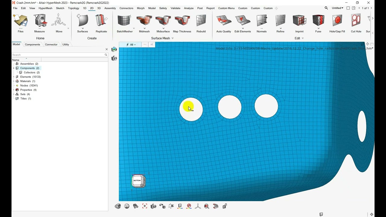 HyperMesh 2023: Change mesh hole radius and replicate multiple holes to other position