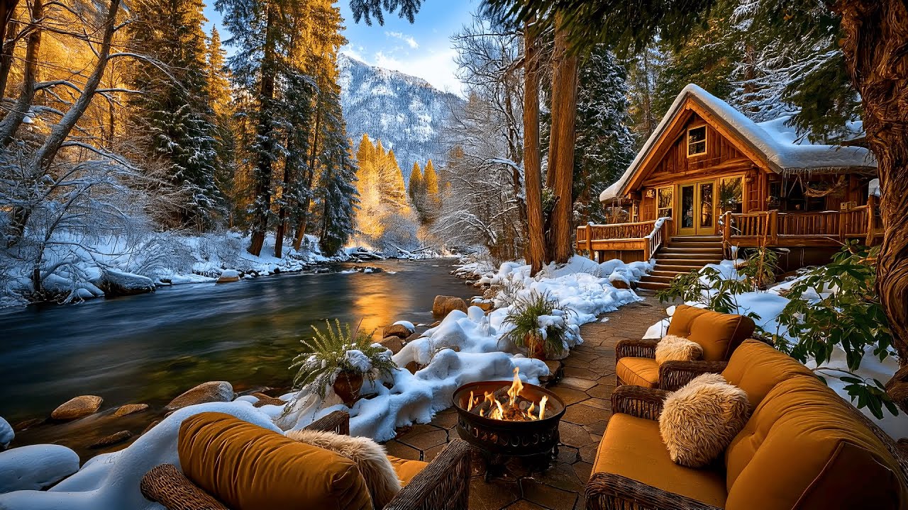 Winter Forest River & Firepit Ambience 🔥🌲 Soft Birdsong in a Cozy Cabin Setting