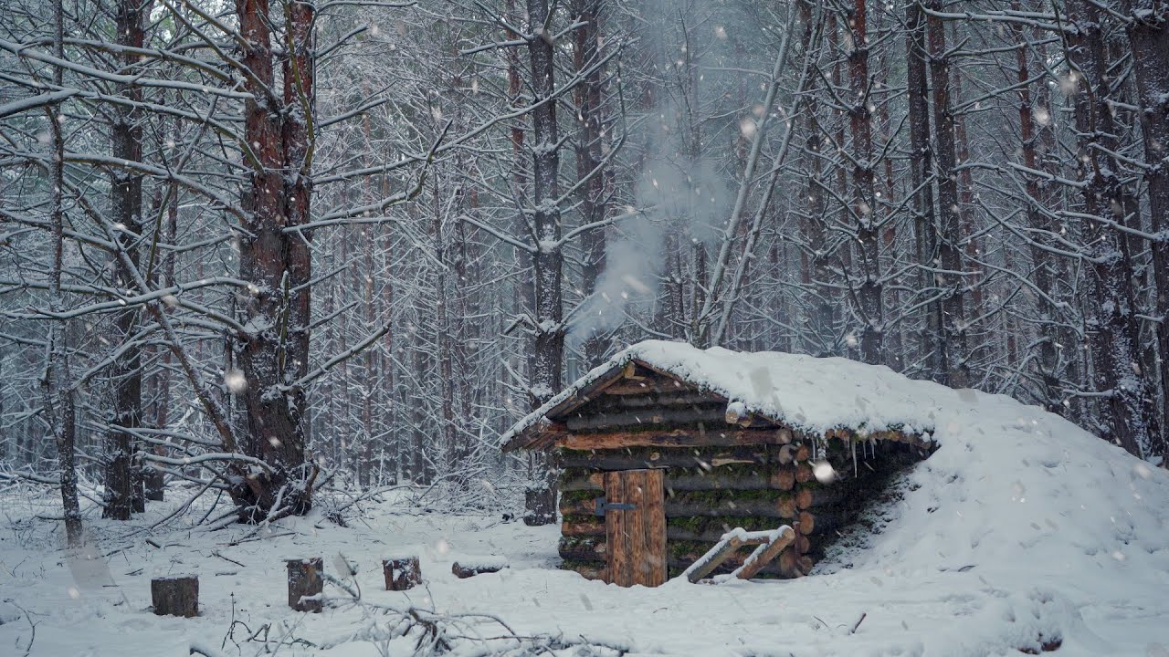 Cozy Winter dugout, Warm shelter building, waiting out the snow, modern bushcraft