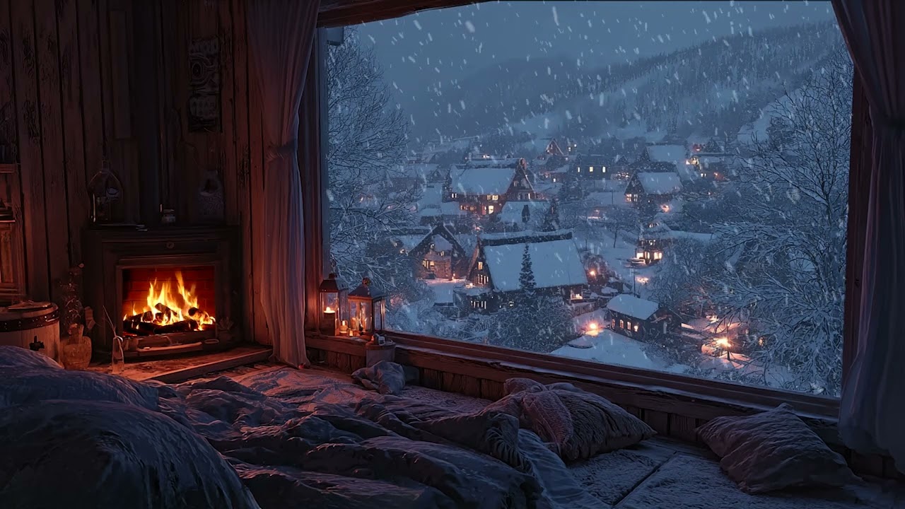 Cozy Bedroom with Snow and Wind Outside the Window | Relaxing Music for Deep Sleep at Night