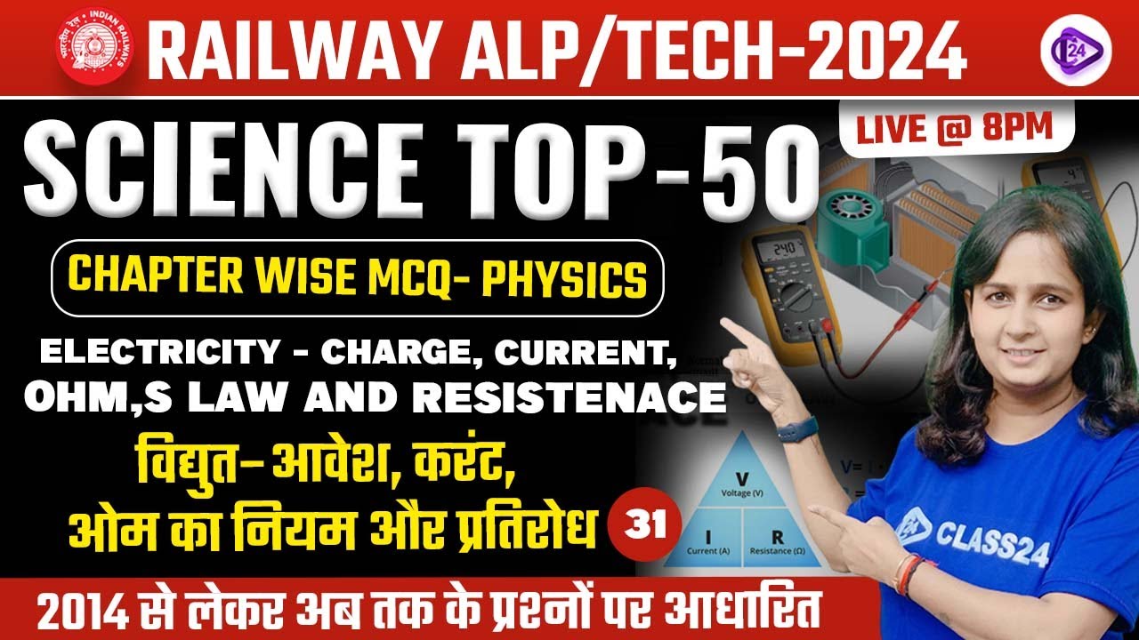 RRB ALP/TECH 2024 | Electricity ,Charge Current ohm's law and Resistenac MCQ Class by Shipra Ma'am