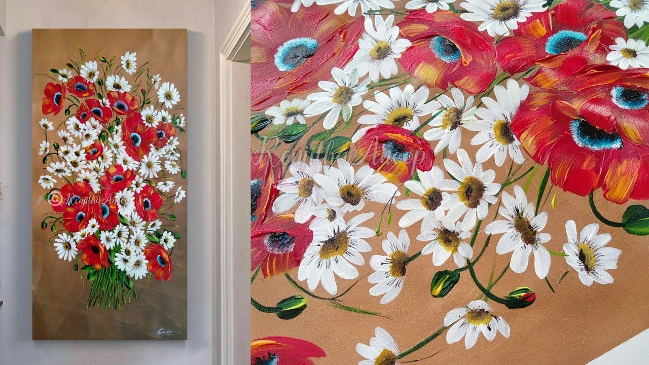 EASY Floral Bouquet Painting for beginners - Large Canvas ART - Oddly - Using Acrylic Colors