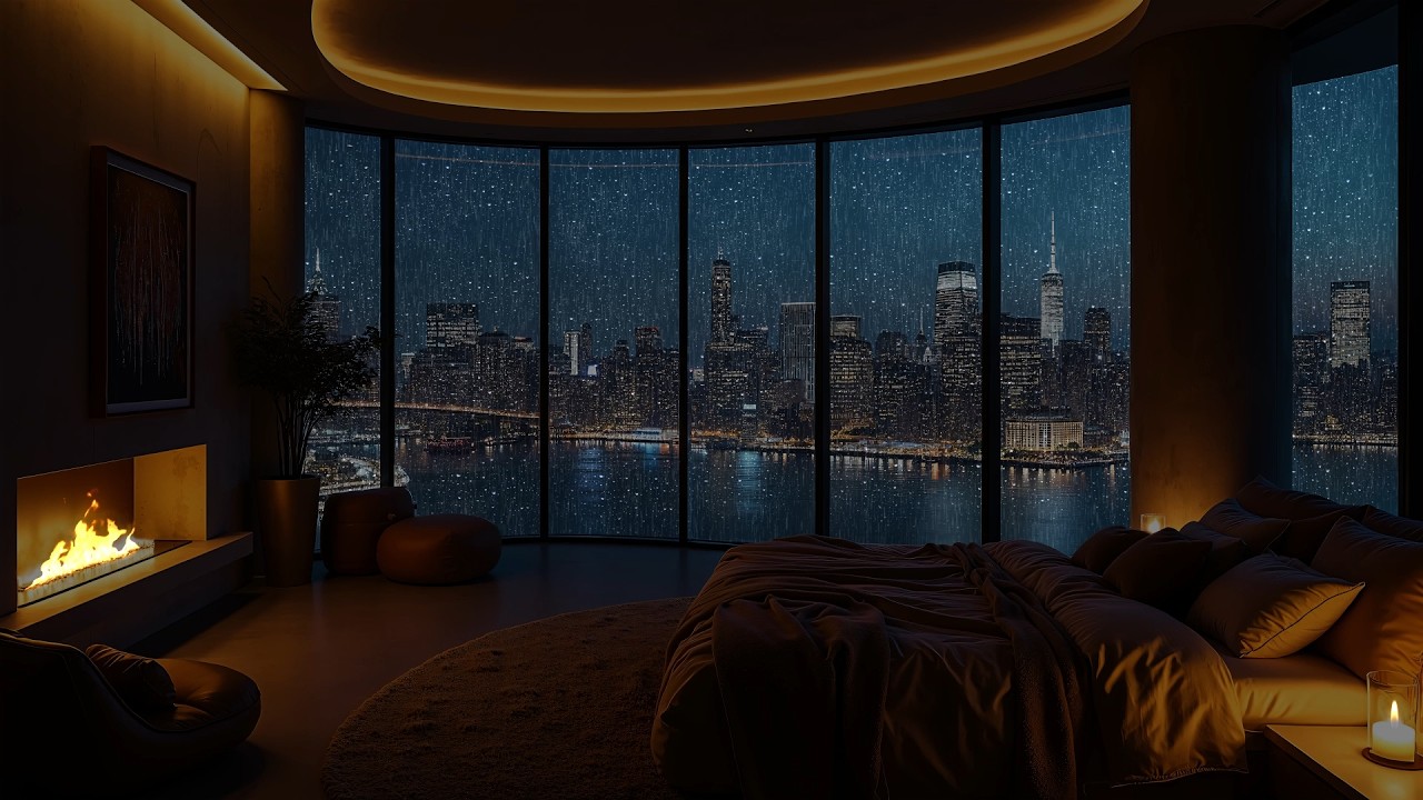 Cozy Rainy Night with City Skyline 🌧️🔥 Luxury Bedroom Fireplace Ambience for Deep Sleep (8 Hours)
