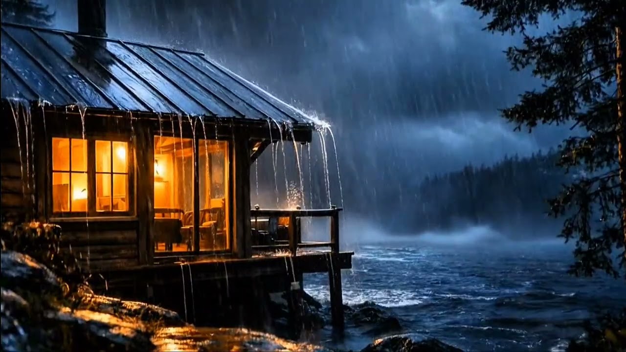 Heavy Night Rain & Soft Lake Waves 🌧️ Cozy Cabin by the Lake | Deep Sleep Sounds