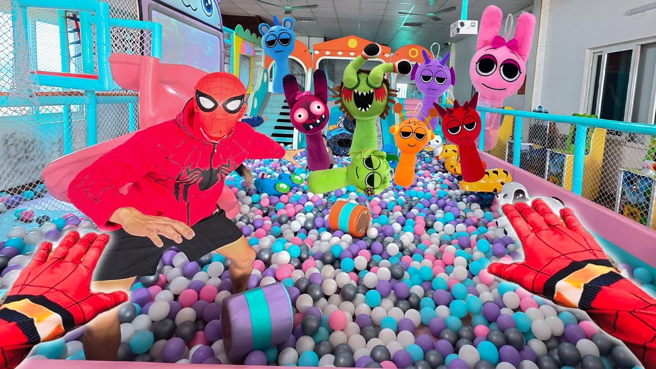 Spider-Man is trapped in a ball pit full of Sprunki.
