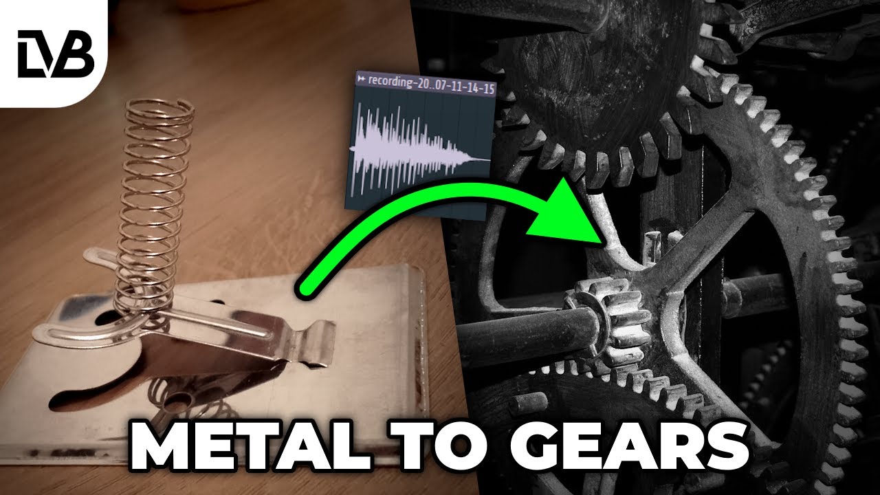 Gears in a huge mechanism, made from a tiny metal piece and a spring (sound design)