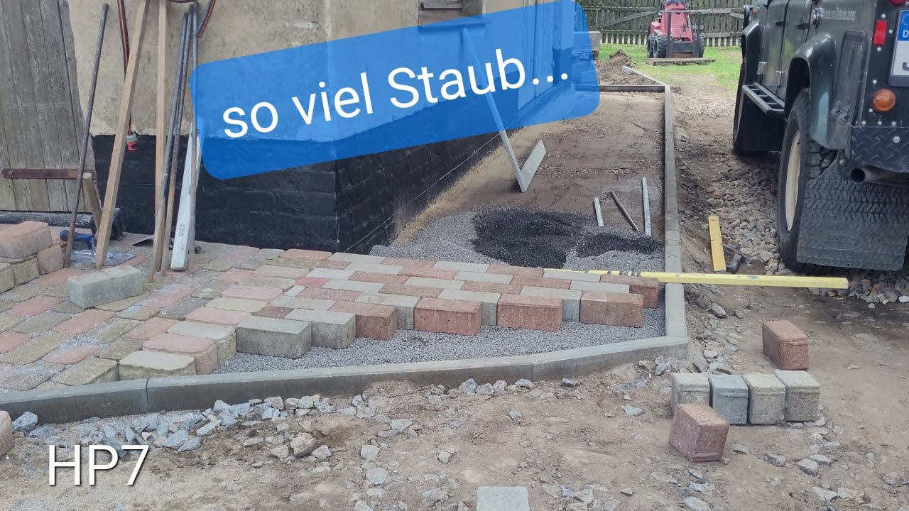 Hof pflastern 7 | Recycling | Rüttelplatte | Brechsand | Pflastersteine | Schotterrasen |Hoftor