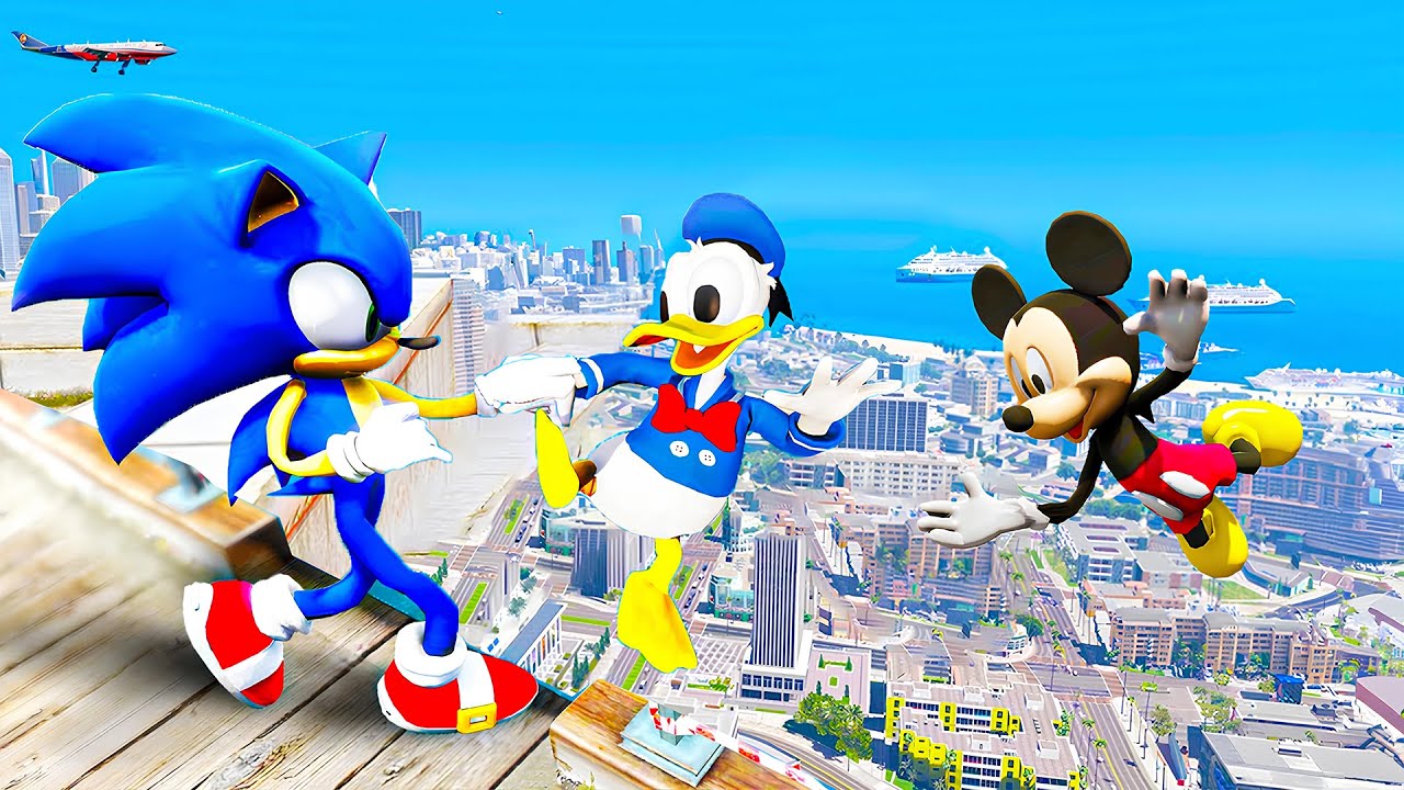 GTA 5 Mickey Mouse VS Sonic & SpongeBob Epic Ragdolling Jumps and Fails