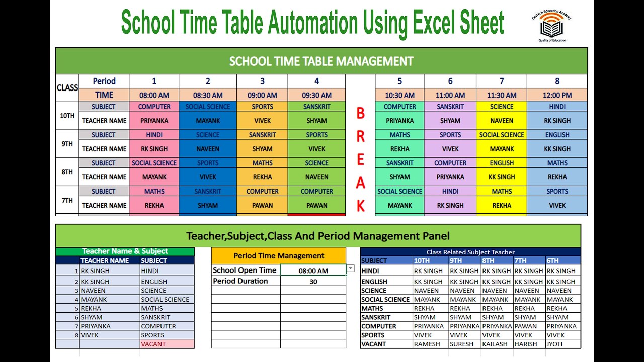 Automated School Time Table Using Excel Sheet