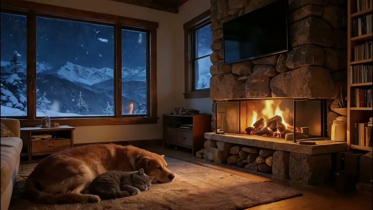 Fireplace Sounds White Noise for Sleep | Cozy Cabin | Mountain Snow Night Window | Sleeping Pets