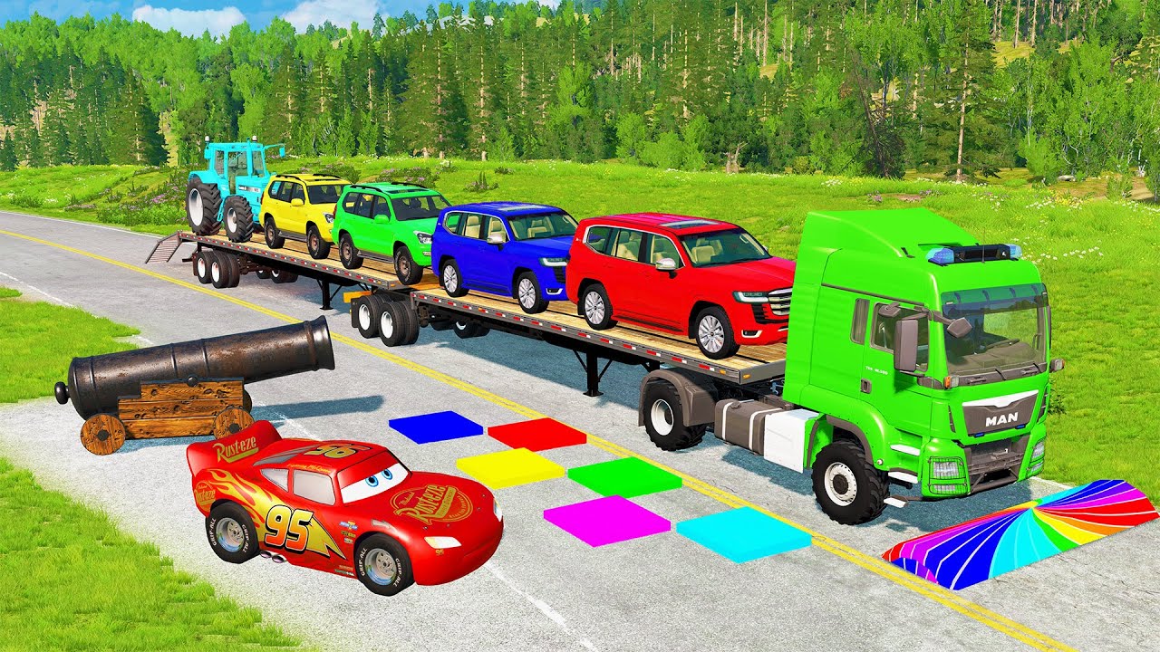 Flatbed Truck McQueen | Transportation with Truck - Pothole vs Car #67 | BeamNG.Drive Gameplay