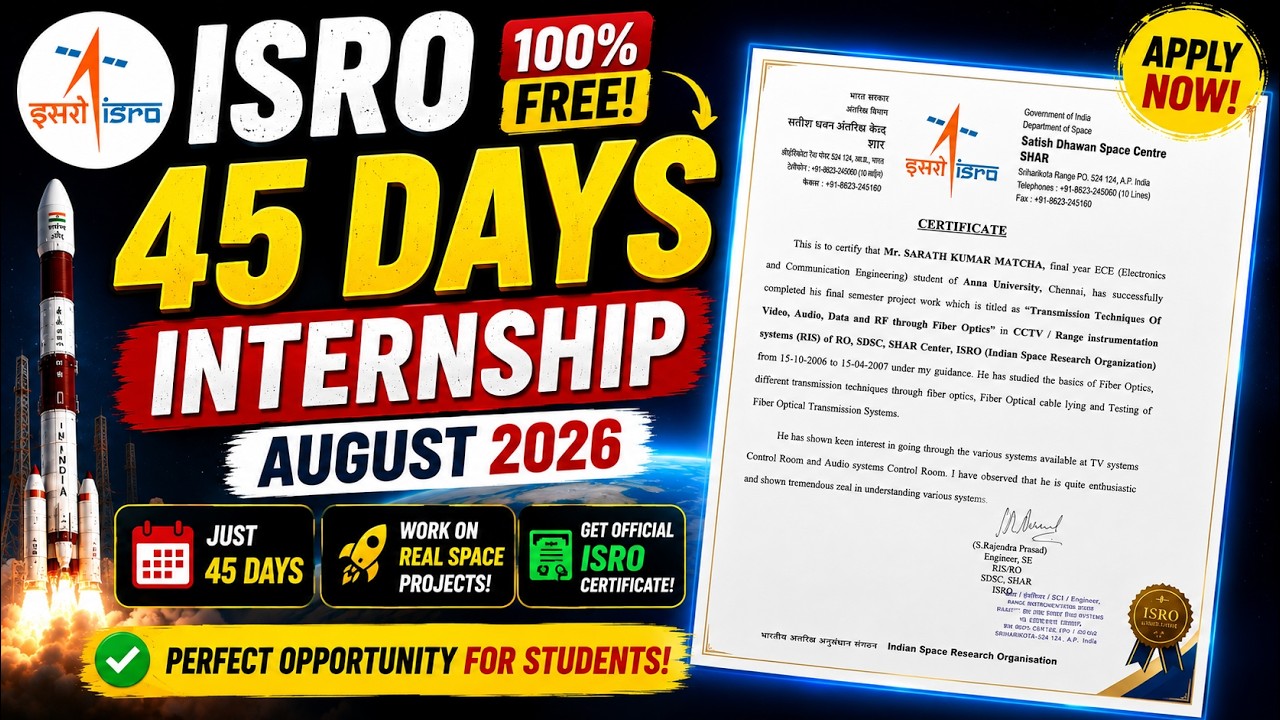 ISRO Internship 2026 Apply Online 🚀 | 45 Days Student Internship | Official Certificate