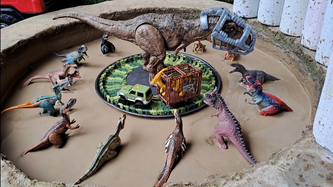 Dinossauros de Plástico Presos na Lama Carnotauro Tiranossauro Rex Ceratossauro Alioramus