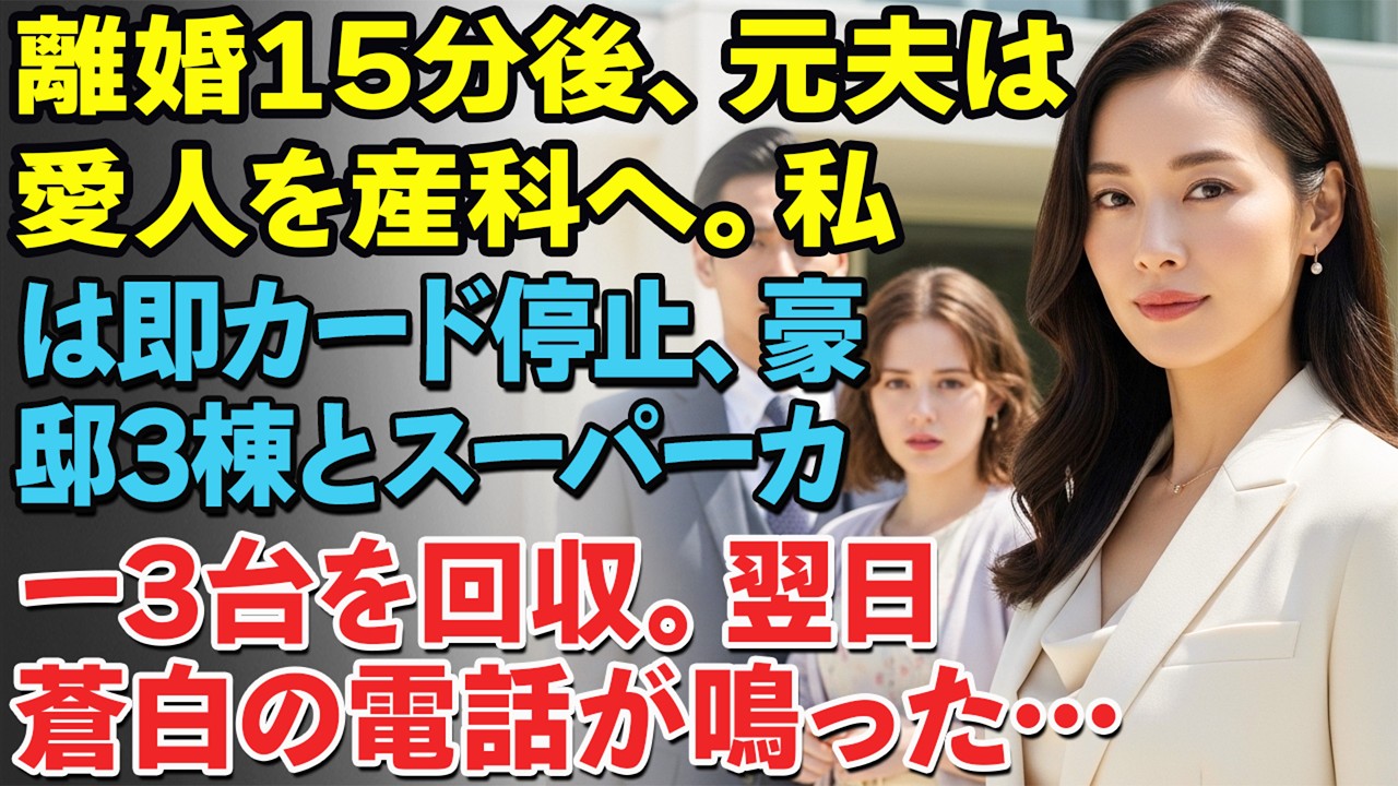 離婚15分後、元夫は愛人を産科へ。私は即カード停止、豪邸3棟とスーパーカー3台を回収。翌日、蒼白の電話が鳴った…