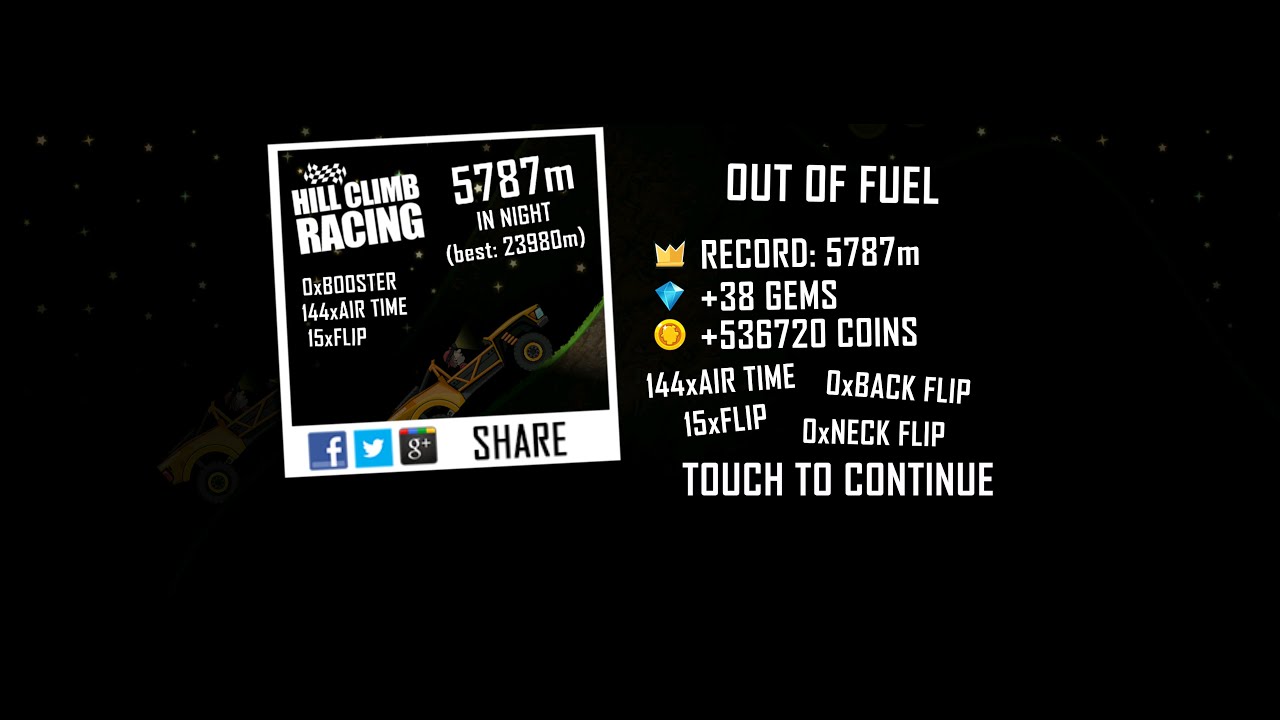 Hill Climb Racing: 5787m in Night on Trophy Truck (no boosters, no pets)