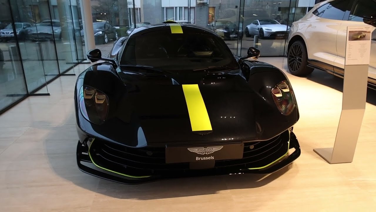 Brandnew 2026 Aston Martin Valhalla supercar in Brussels in black with lime stripe walk around