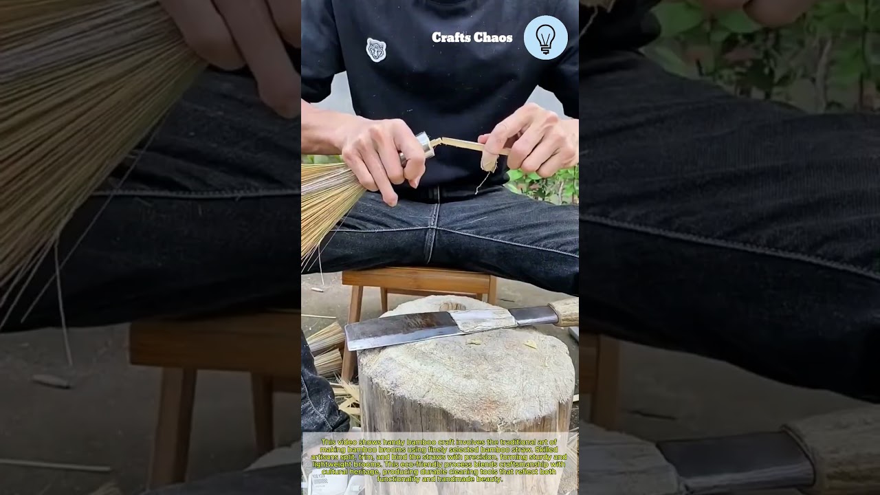 Handy bamboo craft: making traditional bamboo broom crafting with bamboo straw with precision