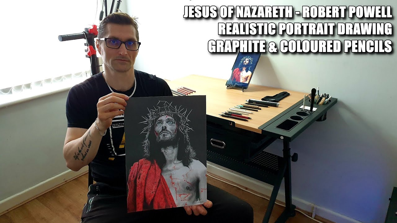 JESUS OF NAZARETH   ROBERT POWELL   GRAPHITE & COLOURED PENCILS PORTRAIT DRAWING