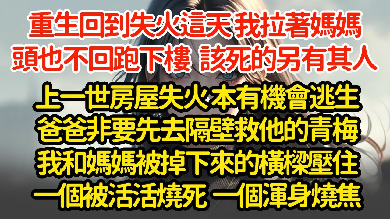 重生回到失火這天，我拉著媽媽頭也不回跑下樓，死的另有其人上一世房屋失火 本有機會逃生爸爸非要先去隔壁救他的青梅我和媽媽被掉下來的橫樑壓住一個被活活燒死  一個渾身燒焦#小說#推文#新題材#爽文#復仇