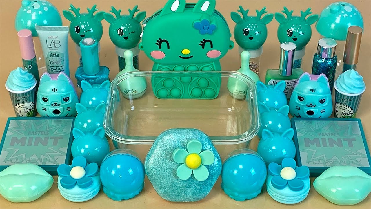 Мятный слайм. 💙💤 Добавляю в слайм косметику, блестки и бусины. 👑 ASMR Slime.