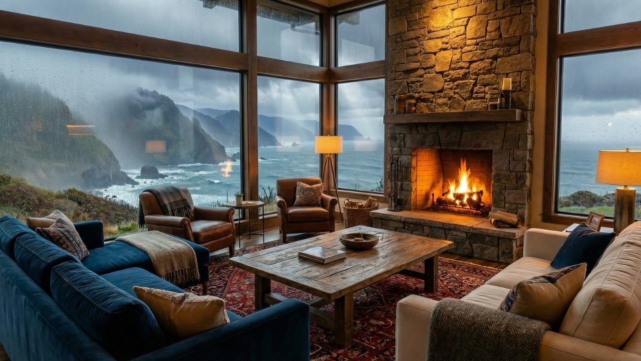 Warm Relaxing Jazz 🌧️ Cozy Fireplace Cabin Ambience 🔥 Smooth Piano Jazz for Deep Focus