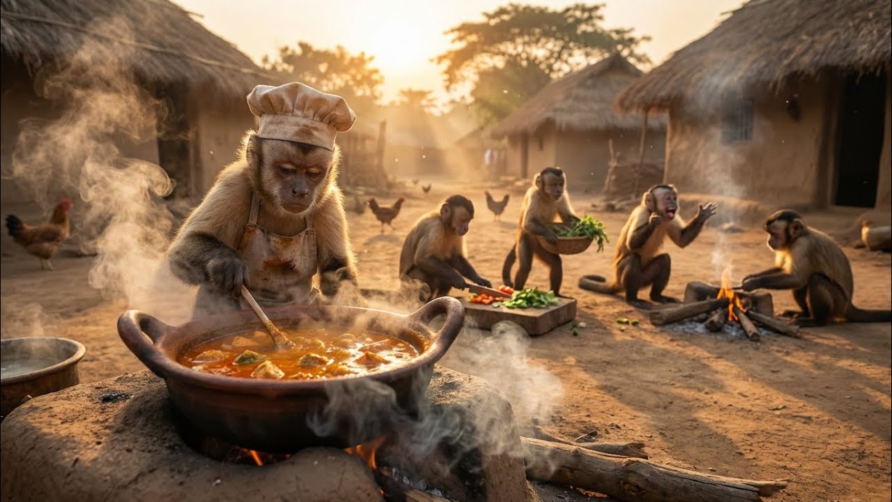 Monkey Chef Team Cooks Full Village Meal | Amazing Cooking Story