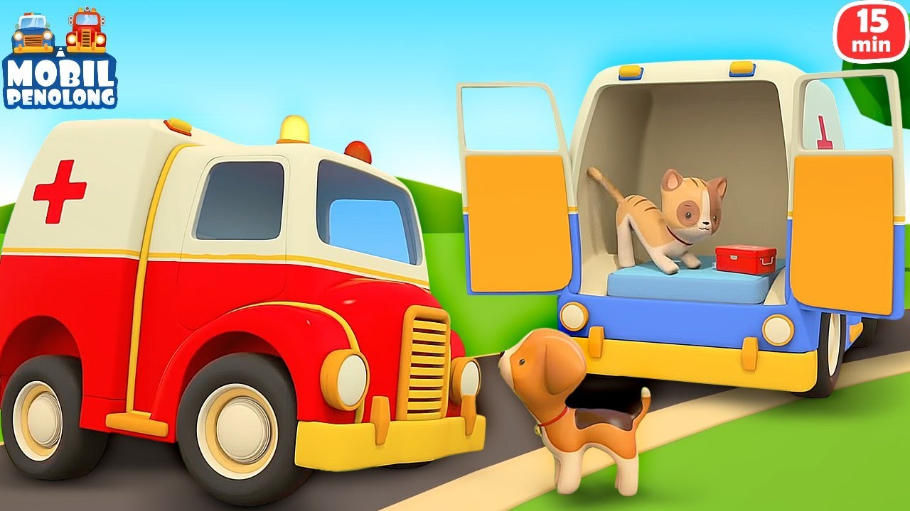 Kendaraan untuk anak: ambulans, dan bus warna-warni. Mobil Penolong & Kartun dalam bahasa Indonesia