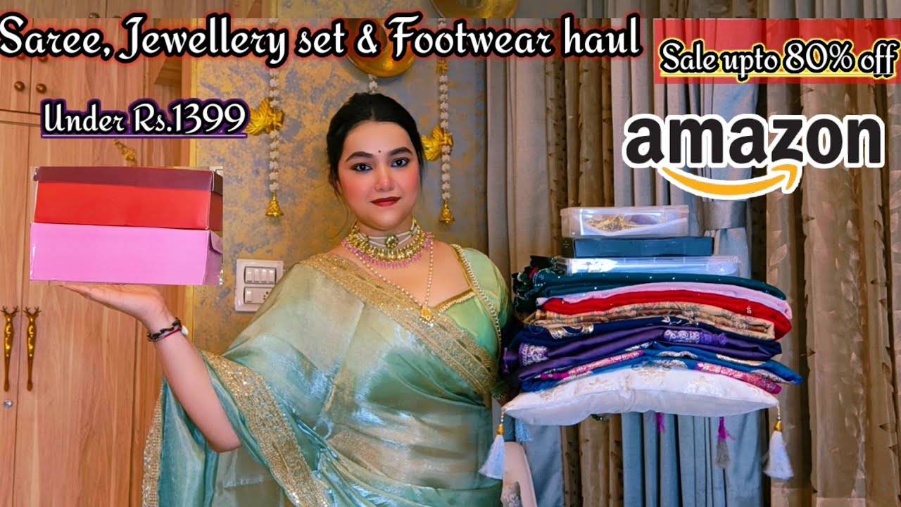 Under Rs.1399 Amazon sale upto 80% off  Wedding wear Saree, jewellery set & Footwear haul  